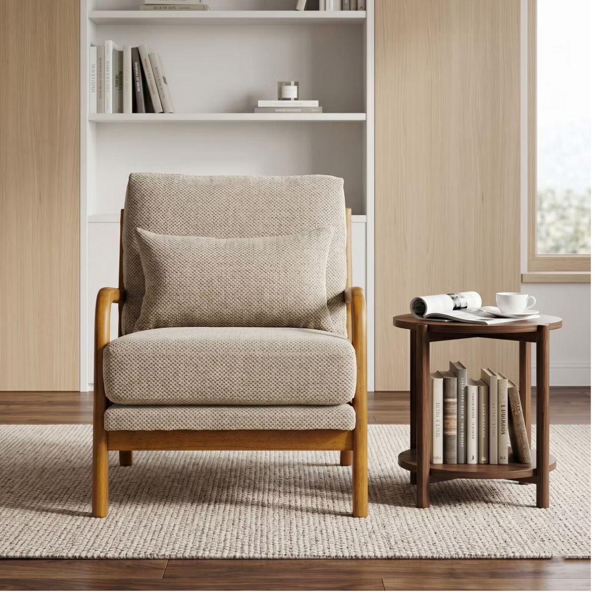 Mid-Century Modern Accent Chair with Solid Wood Frame & Lumbar Pillow