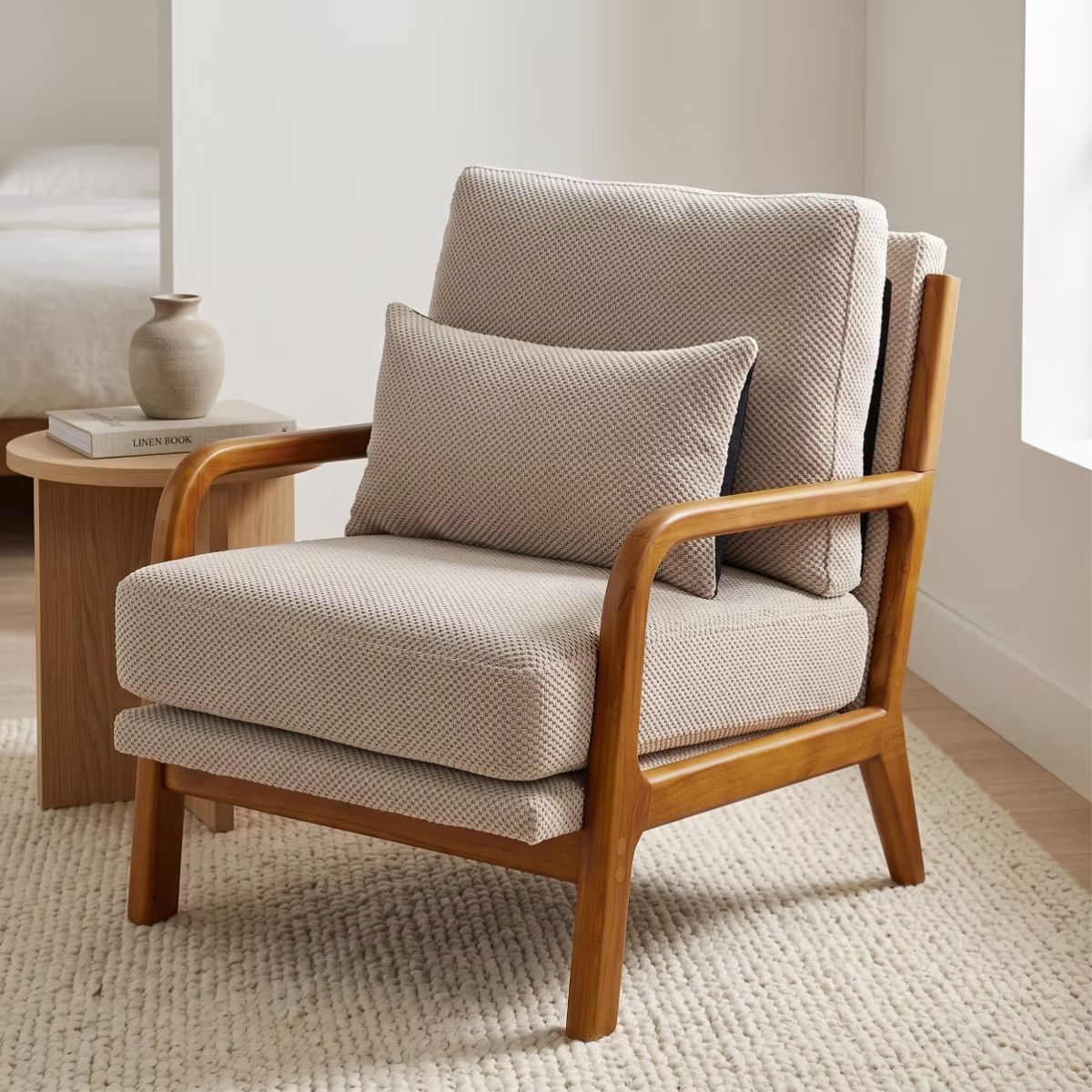 Mid-Century Modern Accent Chair with Solid Wood Frame & Lumbar Pillow