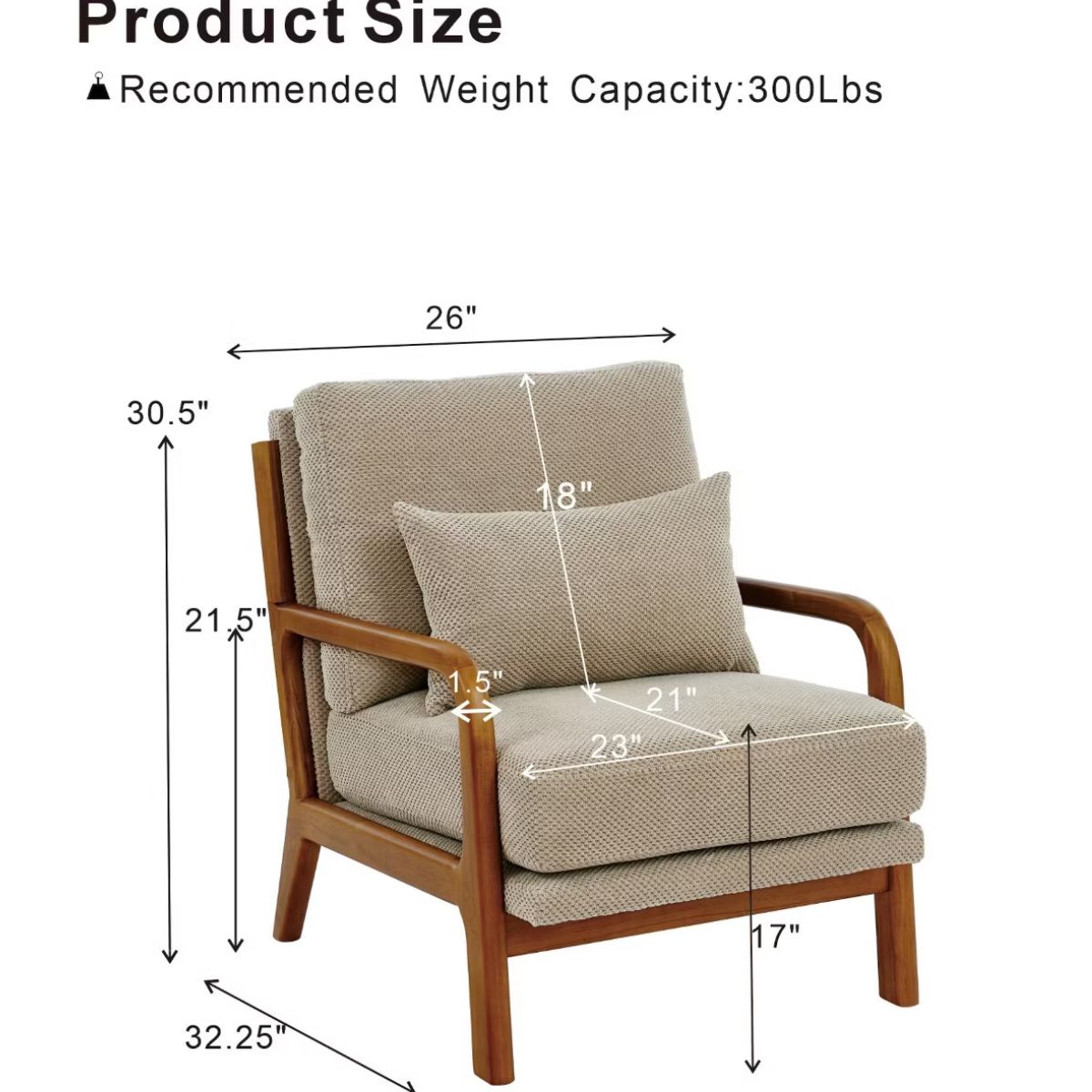 Mid-Century Modern Accent Chair with Solid Wood Frame & Lumbar Pillow