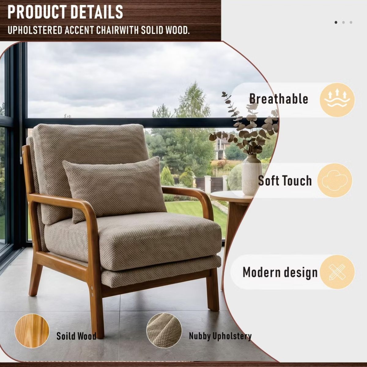 Mid-Century Modern Accent Chair with Solid Wood Frame & Lumbar Pillow