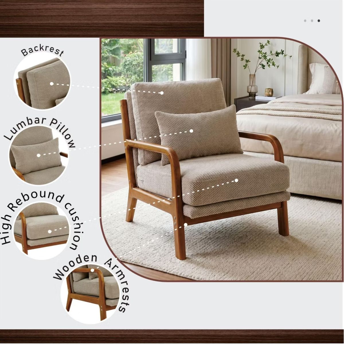 Mid-Century Modern Accent Chair with Solid Wood Frame & Lumbar Pillow