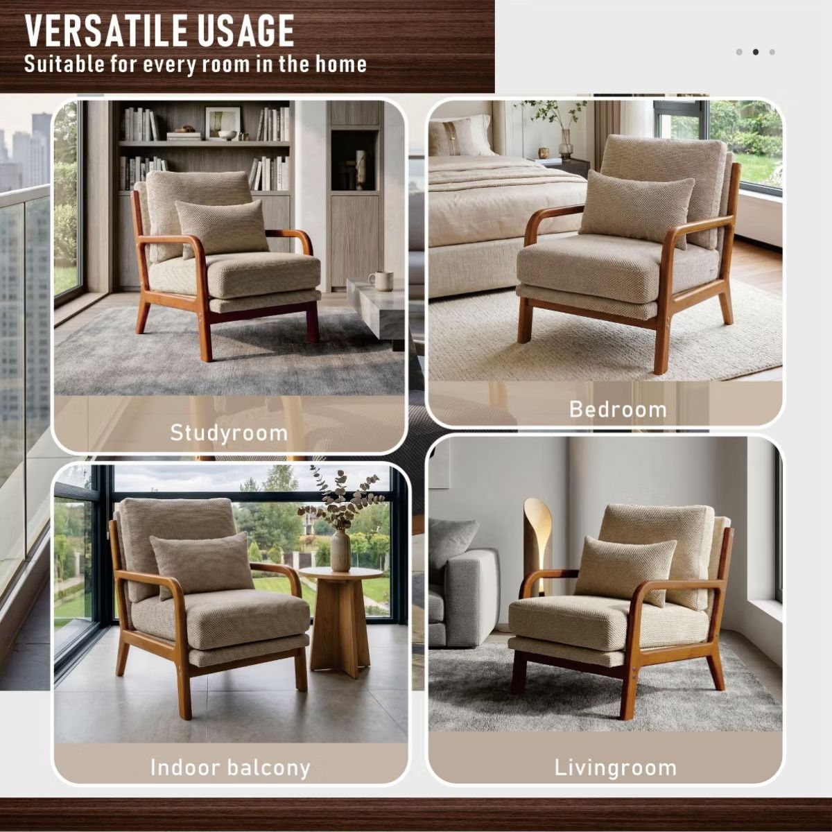 Mid-Century Modern Accent Chair with Solid Wood Frame & Lumbar Pillow