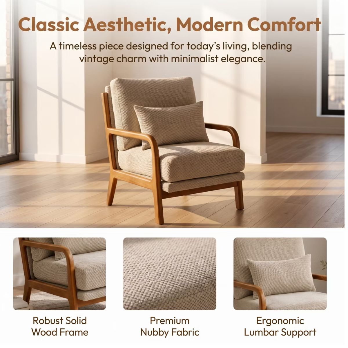 Mid-Century Modern Accent Chair with Solid Wood Frame & Lumbar Pillow