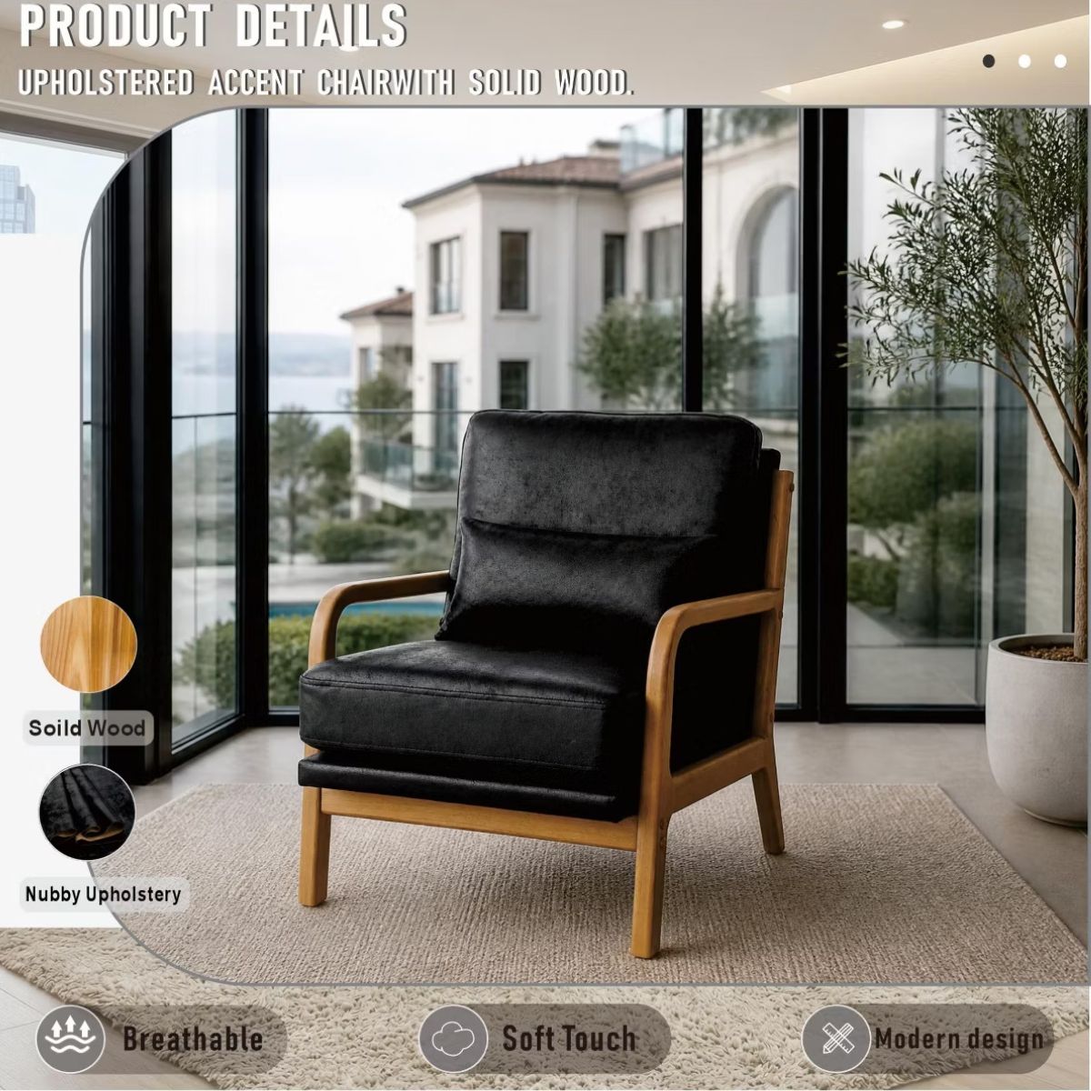 Mid-Century Modern Accent Chair with Solid Wood Frame & Lumbar Pillow