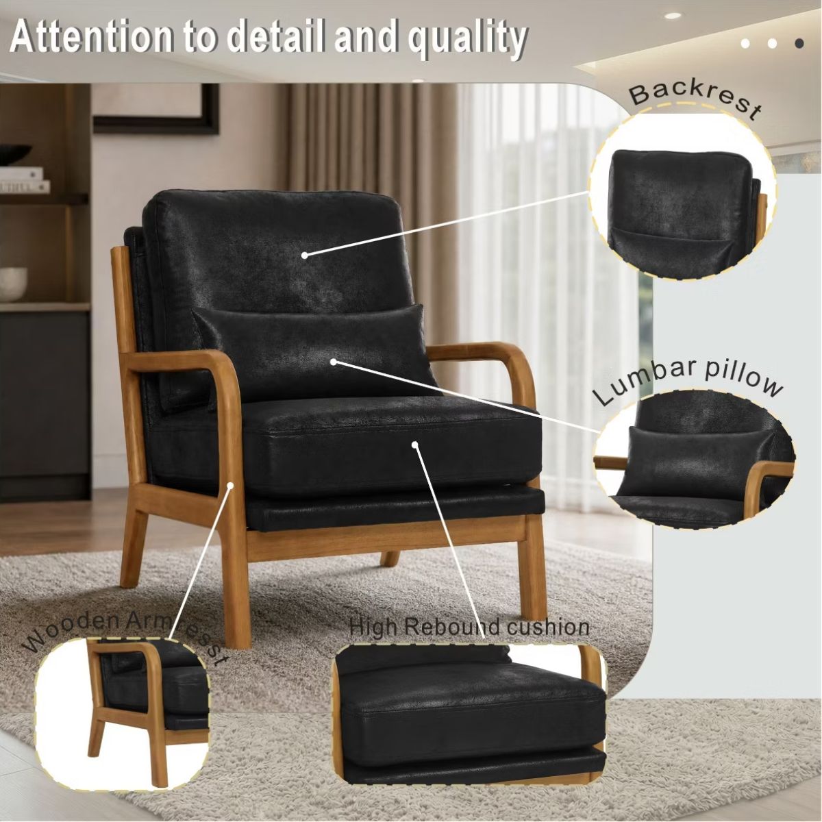 Mid-Century Modern Accent Chair with Solid Wood Frame & Lumbar Pillow