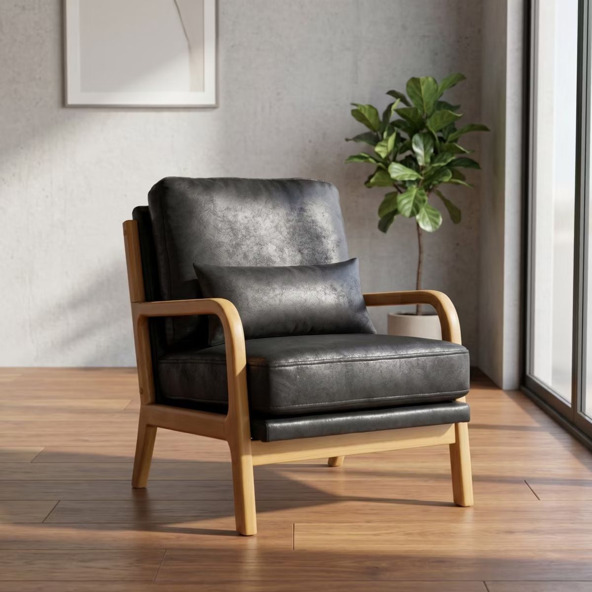 Mid-Century Modern Accent Chair with Solid Wood Frame & Lumbar Pillow