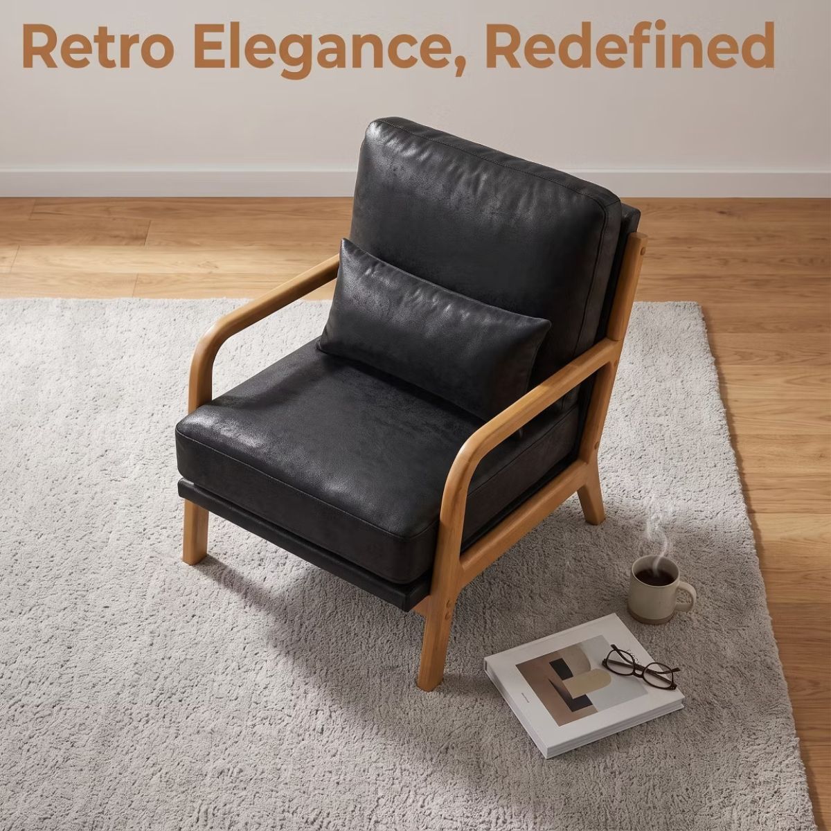 Mid-Century Modern Accent Chair with Solid Wood Frame & Lumbar Pillow