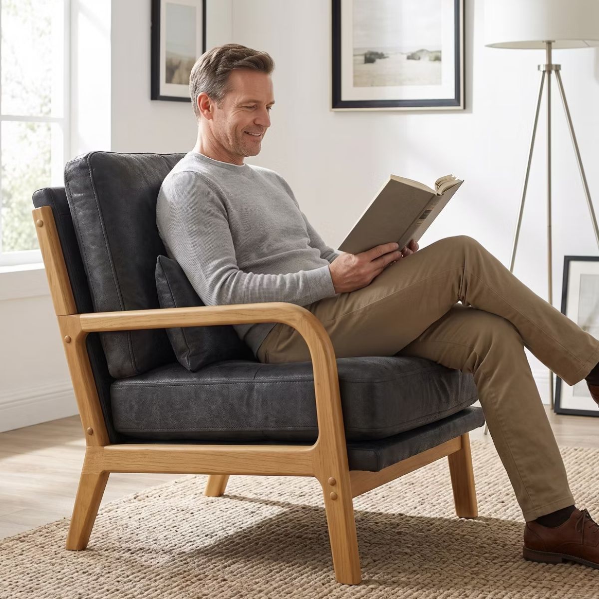 Mid-Century Modern Accent Chair with Solid Wood Frame & Lumbar Pillow