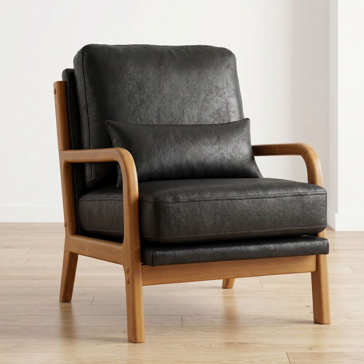 Mid-Century Modern Accent Chair with Solid Wood Frame & Lumbar Pillow