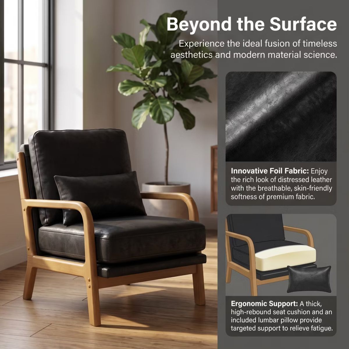 Mid-Century Modern Accent Chair with Solid Wood Frame & Lumbar Pillow