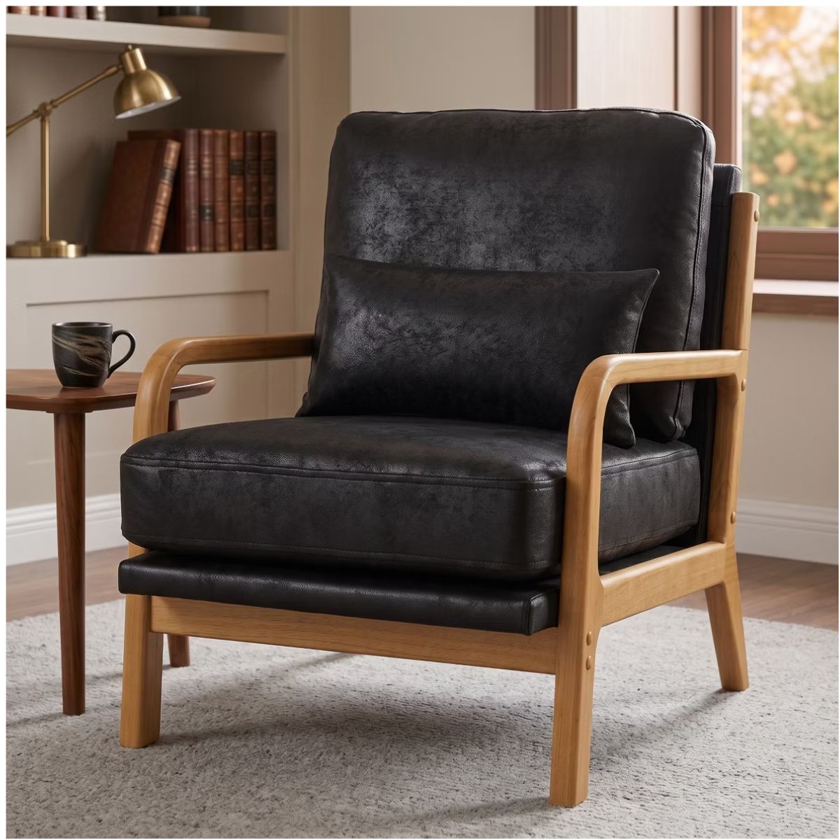 Mid-Century Modern Accent Chair with Solid Wood Frame & Lumbar Pillow