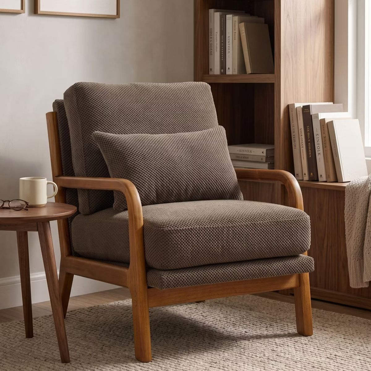 Mid-Century Modern Accent Chair with Solid Wood Frame & Lumbar Pillow