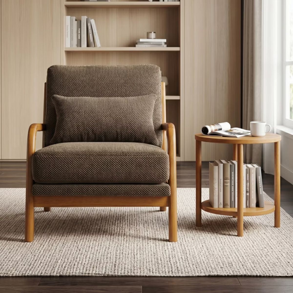 Mid-Century Modern Accent Chair with Solid Wood Frame & Lumbar Pillow