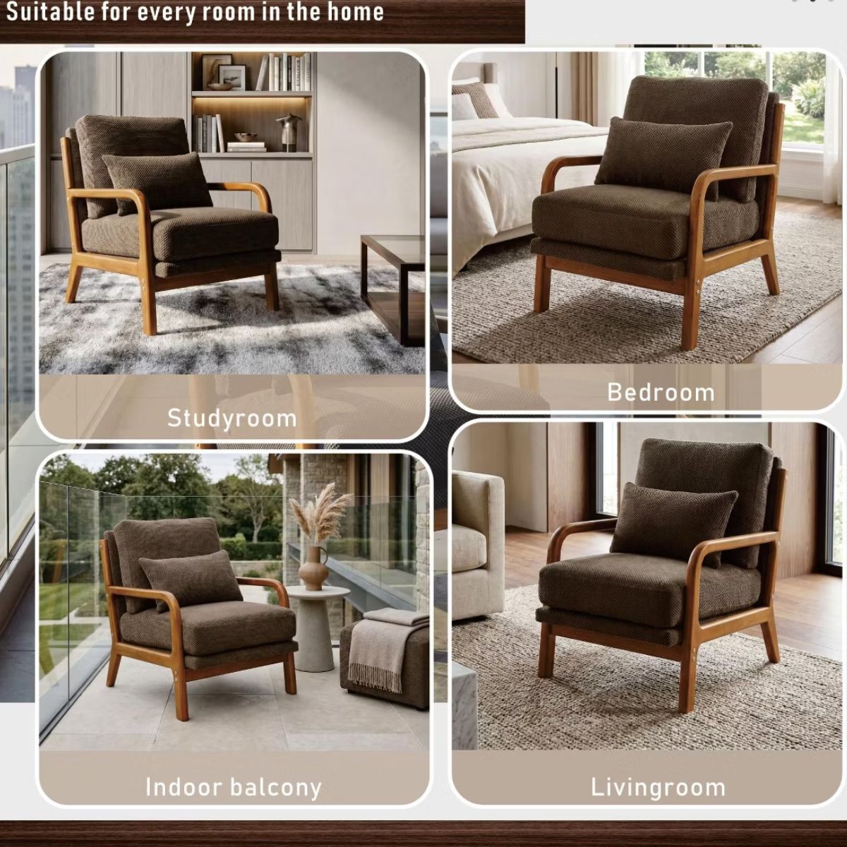 Mid-Century Modern Accent Chair with Solid Wood Frame & Lumbar Pillow
