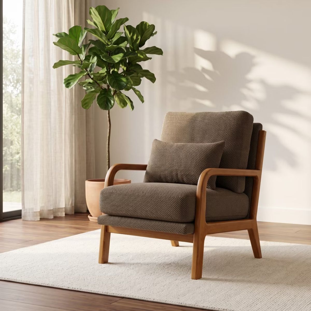 Mid-Century Modern Accent Chair with Solid Wood Frame & Lumbar Pillow