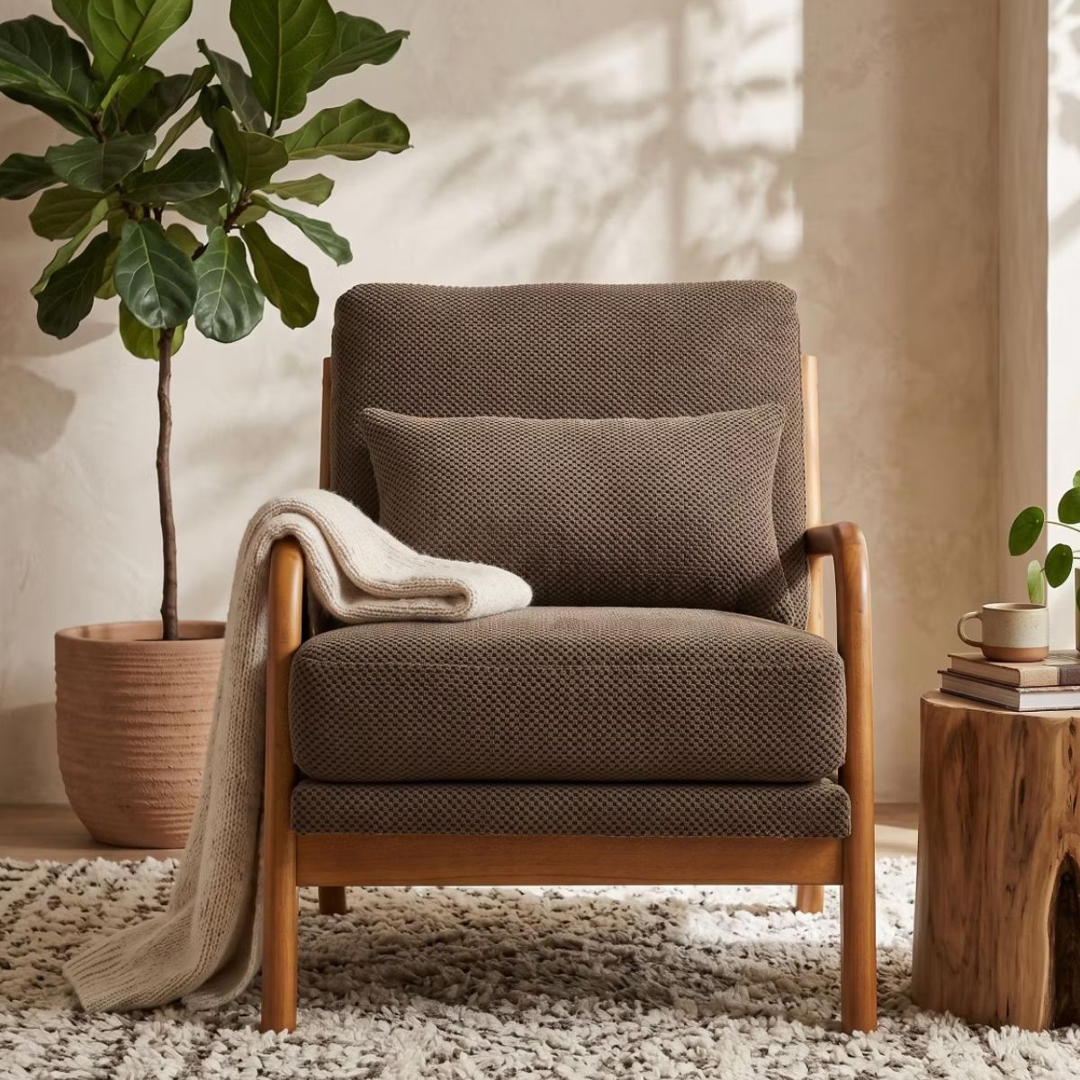 Mid-Century Modern Accent Chair with Solid Wood Frame & Lumbar Pillow