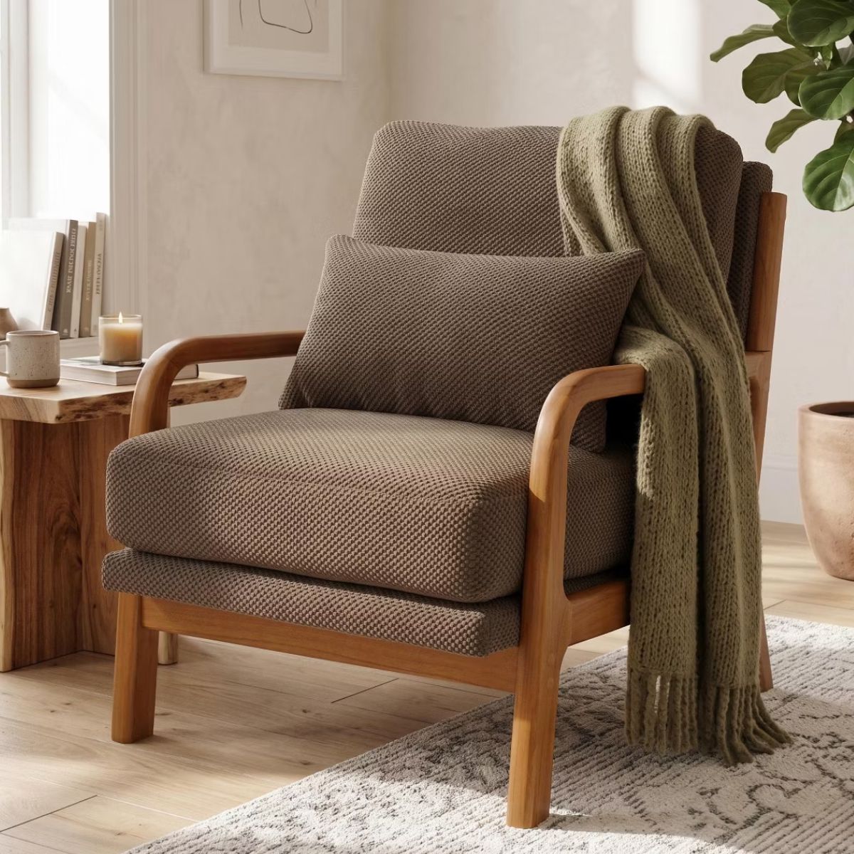 Mid-Century Modern Accent Chair with Solid Wood Frame & Lumbar Pillow