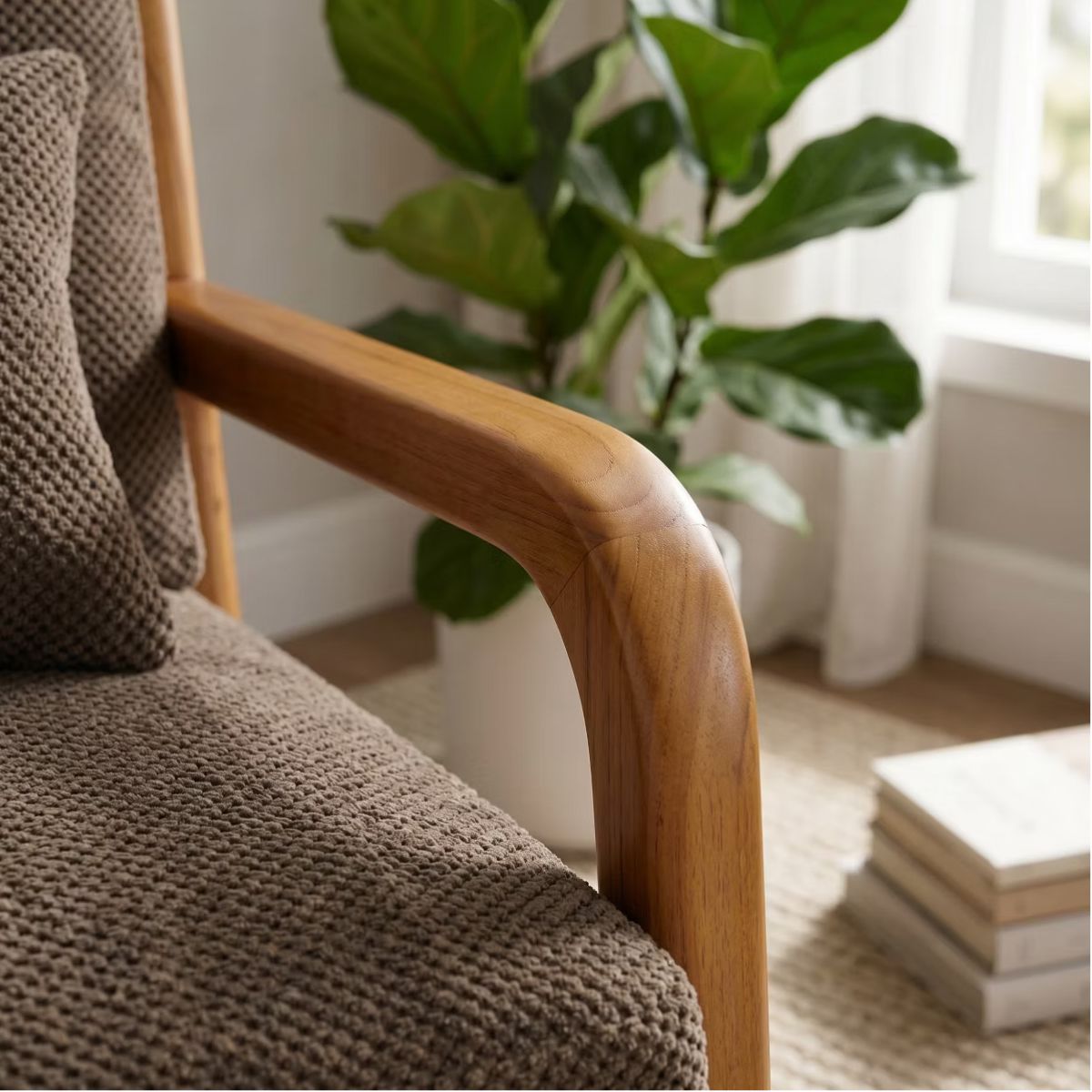 Mid-Century Modern Accent Chair with Solid Wood Frame & Lumbar Pillow