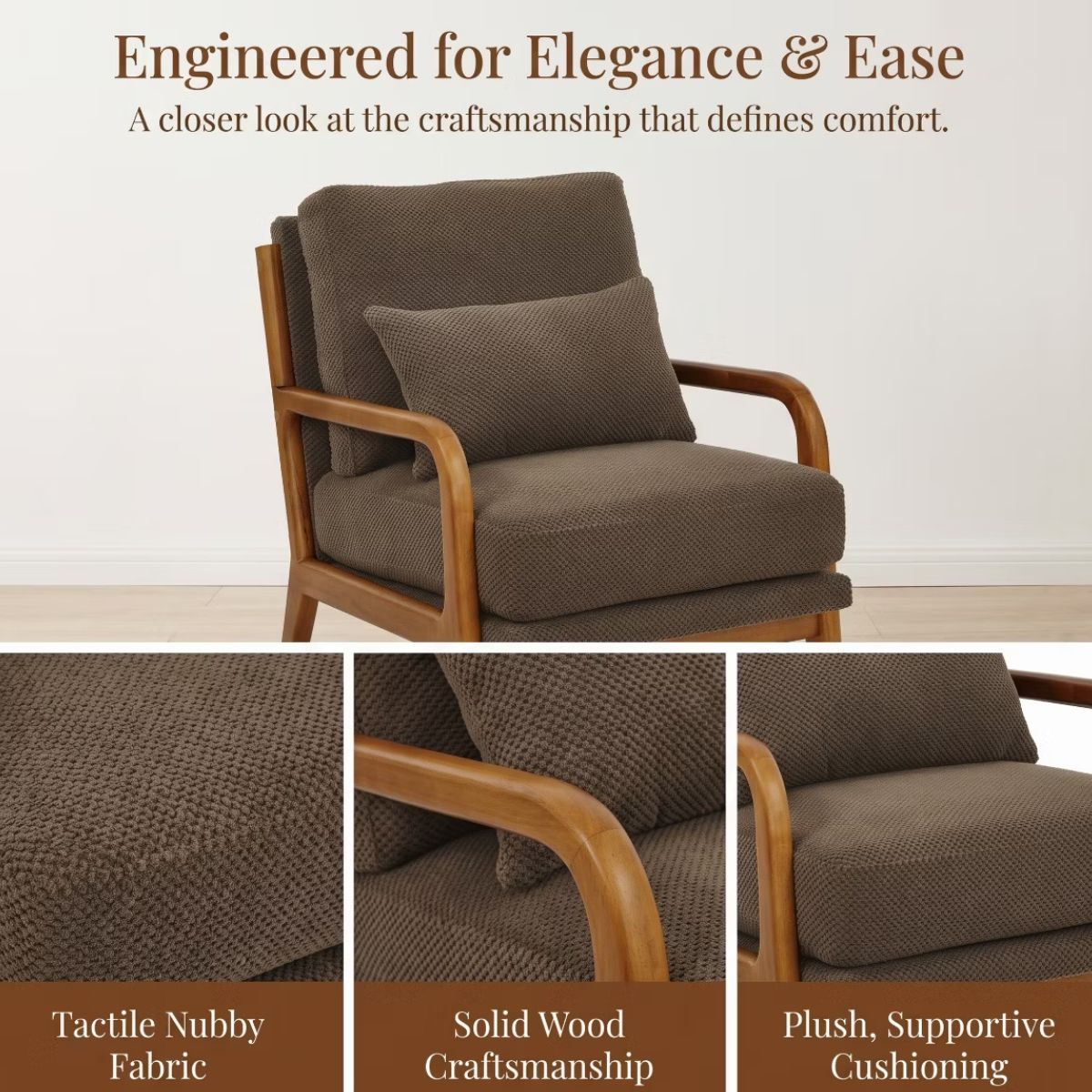 Mid-Century Modern Accent Chair with Solid Wood Frame & Lumbar Pillow