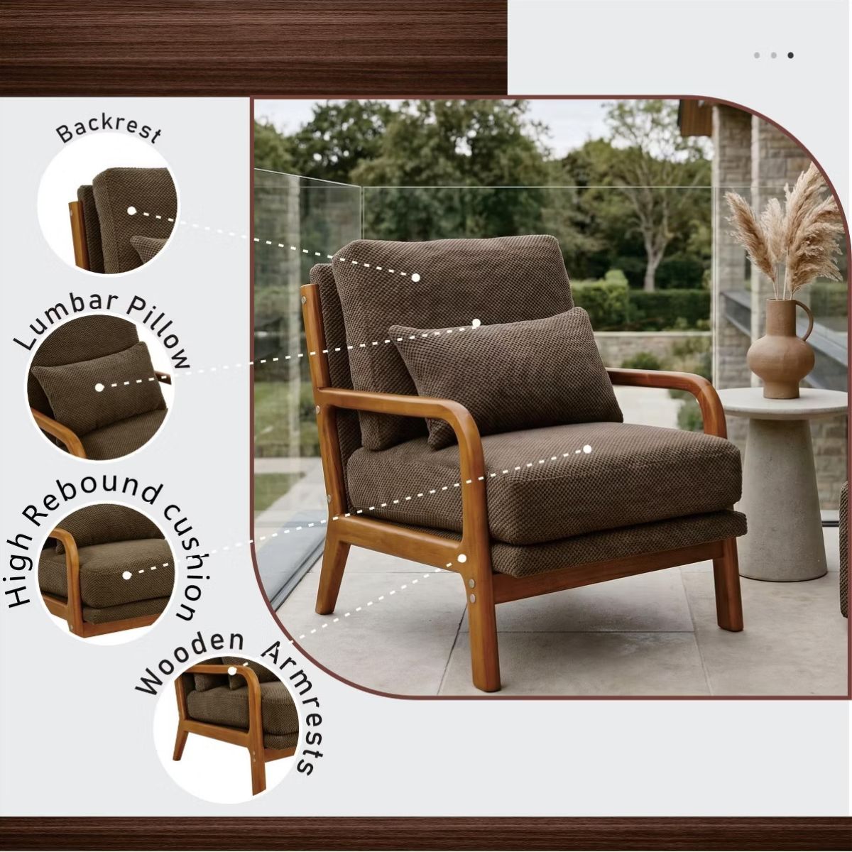 Mid-Century Modern Accent Chair with Solid Wood Frame & Lumbar Pillow