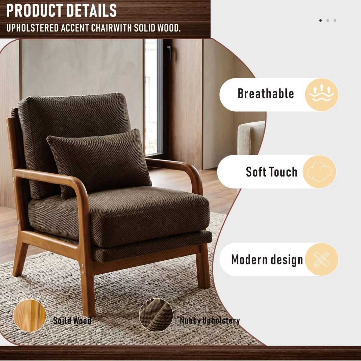 Mid-Century Modern Accent Chair with Solid Wood Frame & Lumbar Pillow