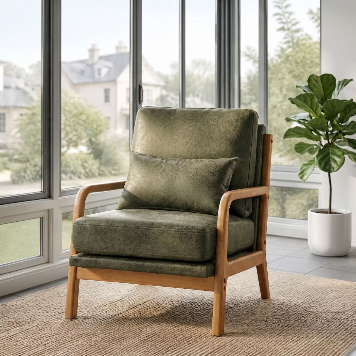 Mid-Century Modern Accent Chair with Solid Wood Frame & Lumbar Pillow