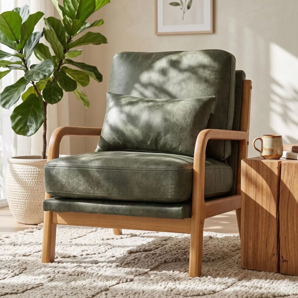 Mid-Century Modern Accent Chair with Solid Wood Frame & Lumbar Pillow