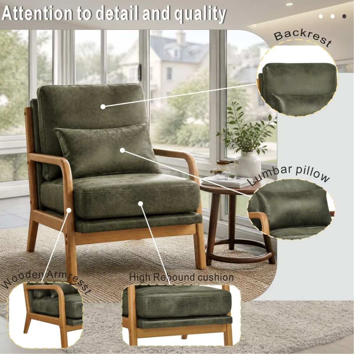 Mid-Century Modern Accent Chair with Solid Wood Frame & Lumbar Pillow