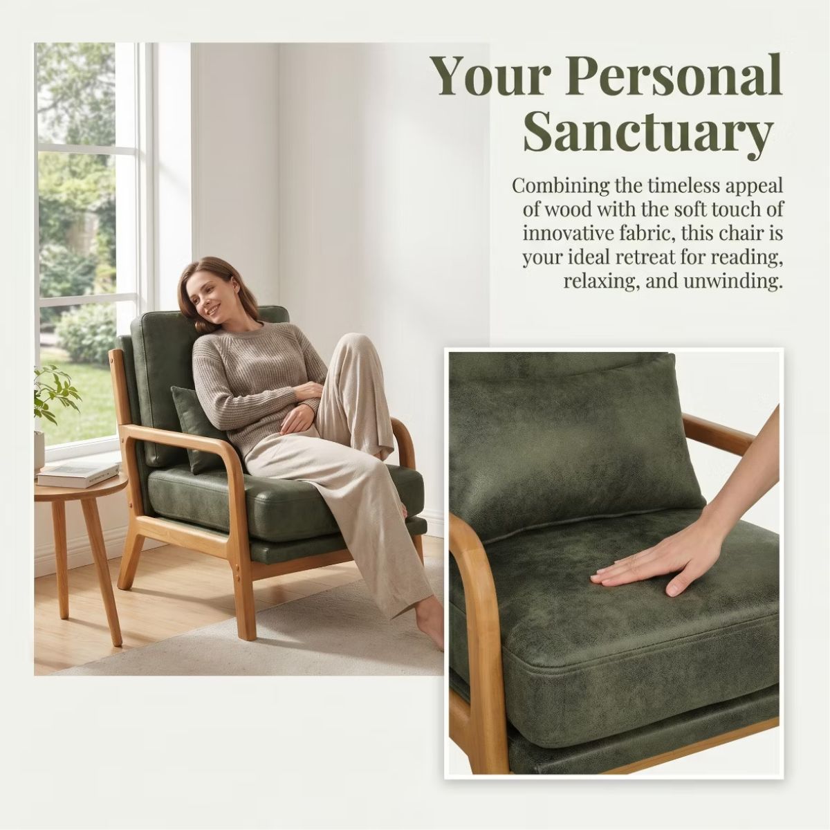 Mid-Century Modern Accent Chair with Solid Wood Frame & Lumbar Pillow