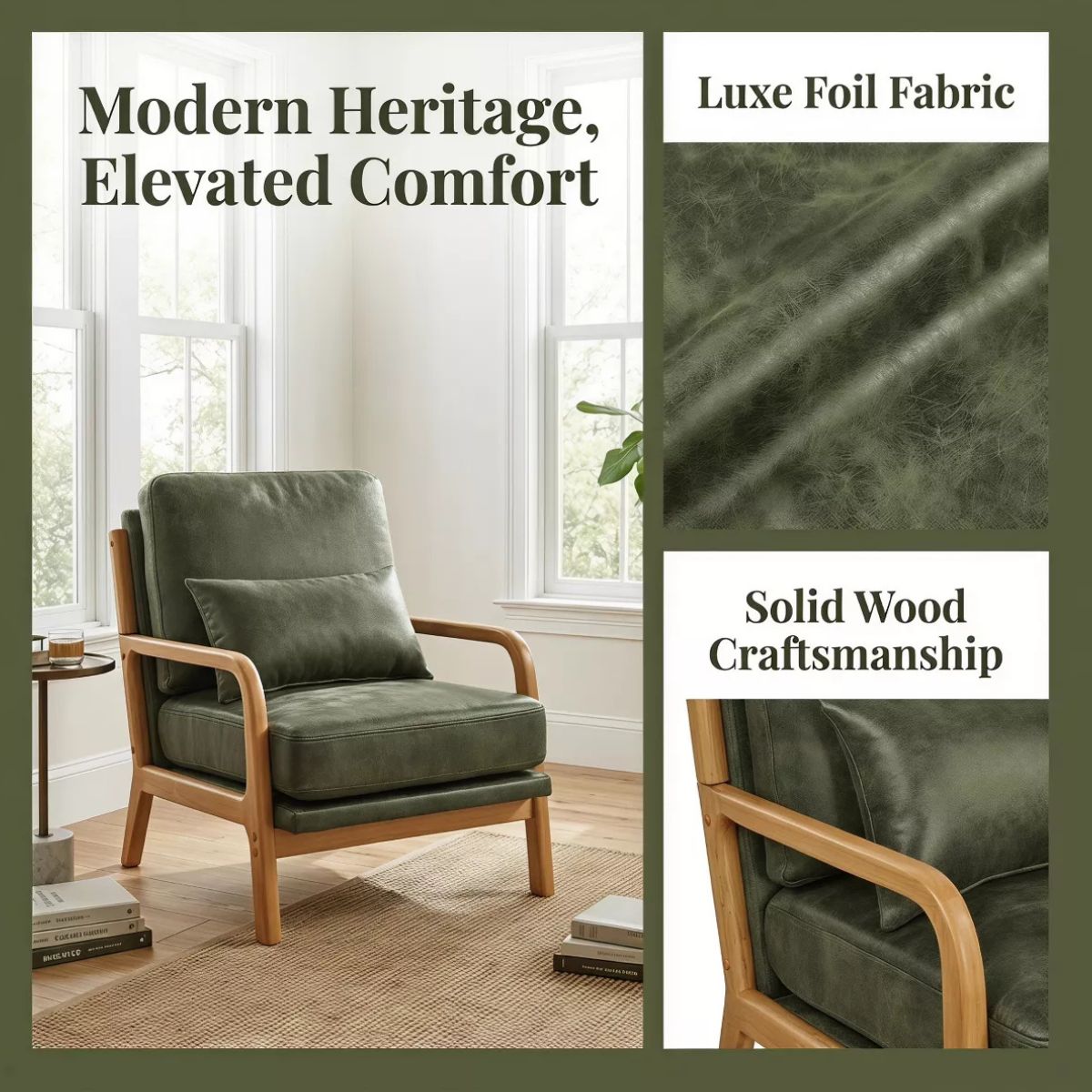 Mid-Century Modern Accent Chair with Solid Wood Frame & Lumbar Pillow