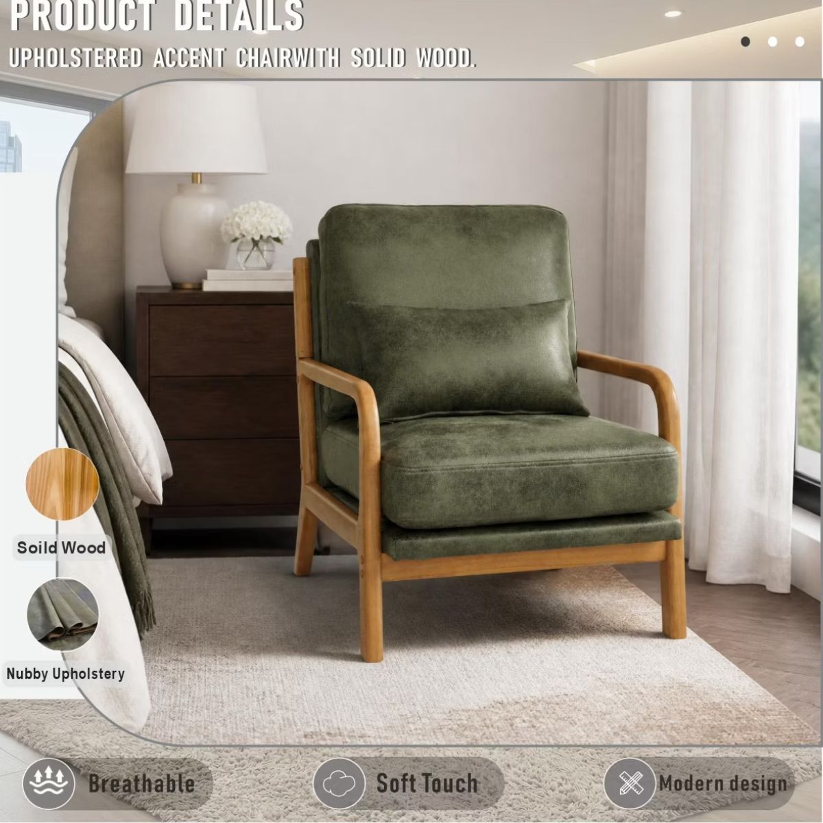 Mid-Century Modern Accent Chair with Solid Wood Frame & Lumbar Pillow