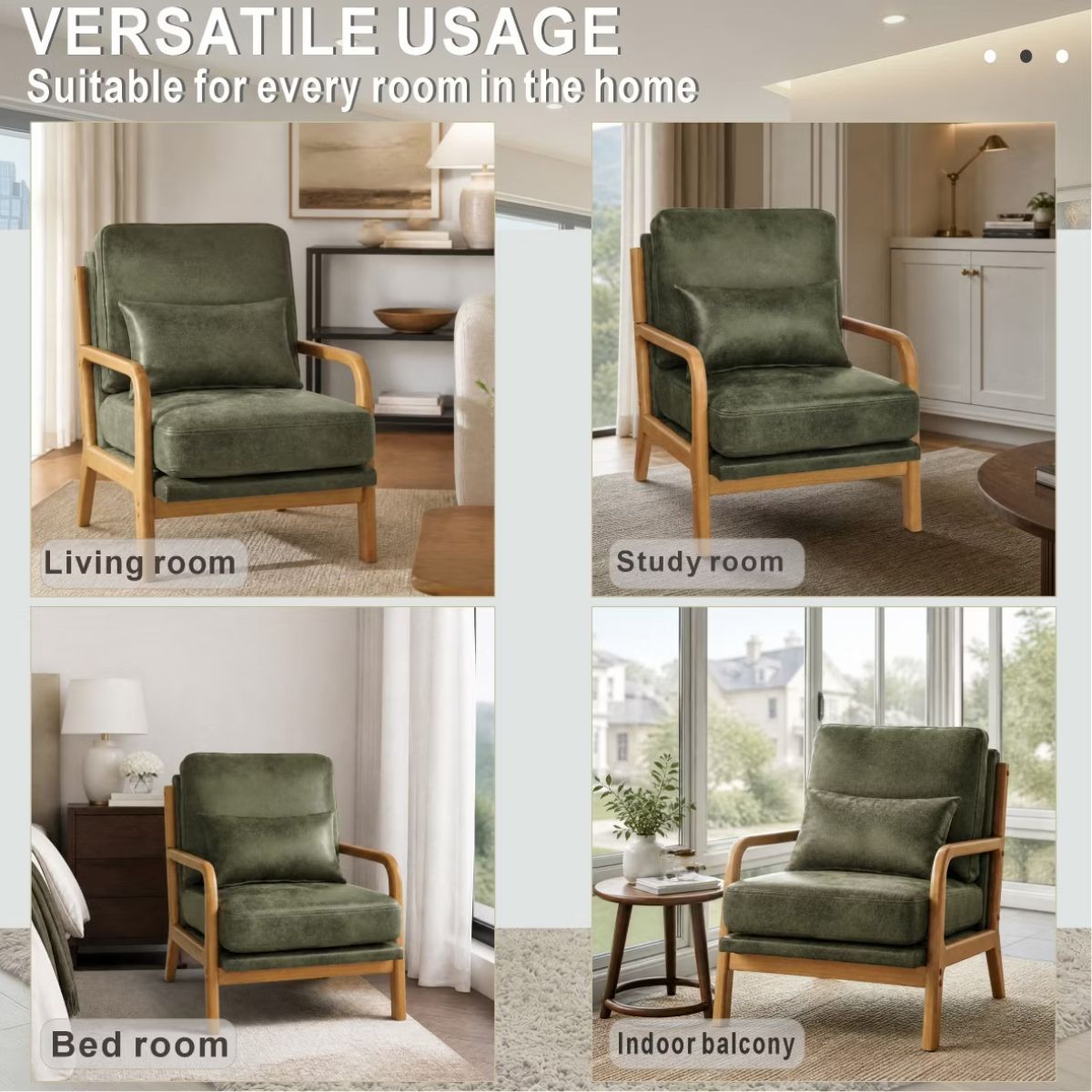 Mid-Century Modern Accent Chair with Solid Wood Frame & Lumbar Pillow