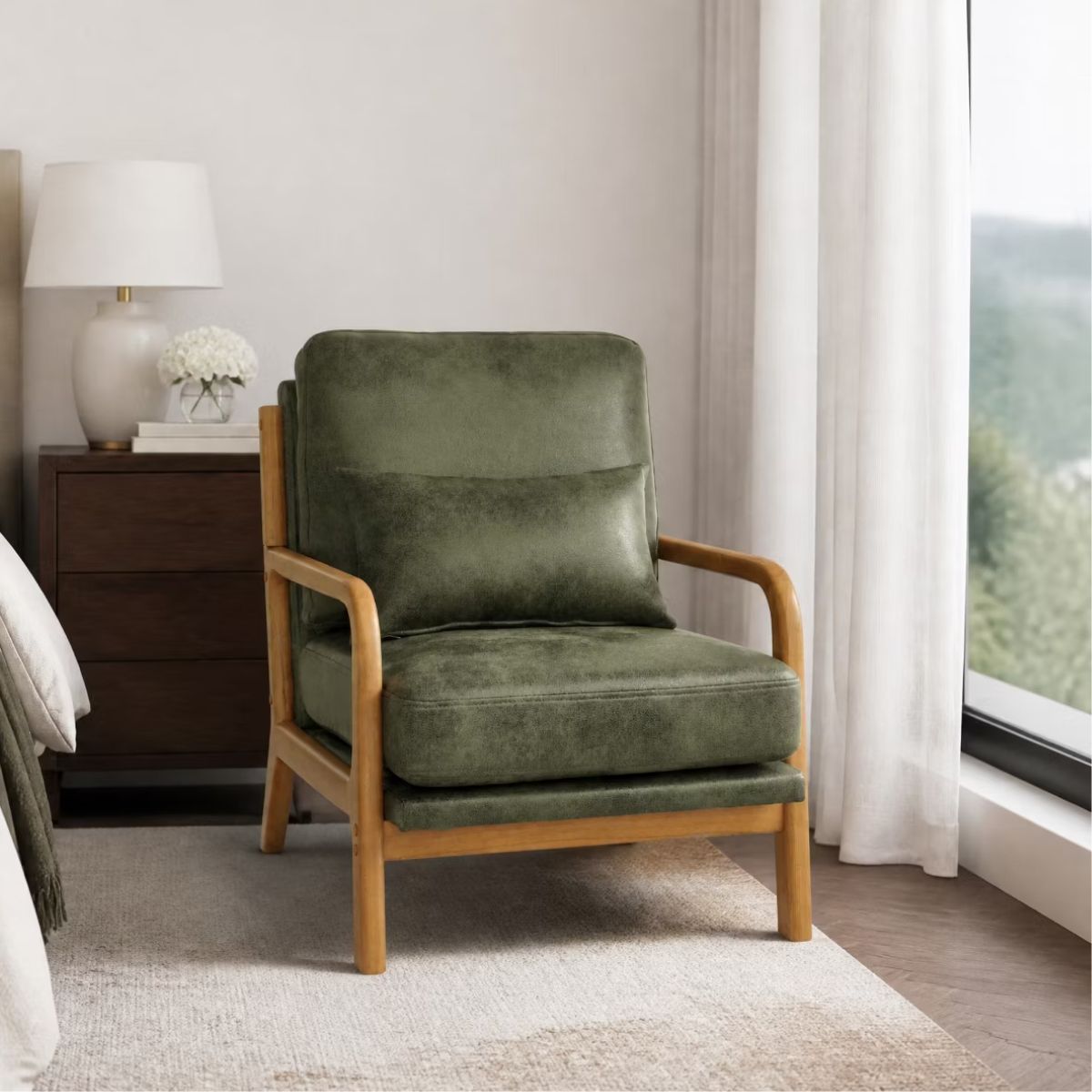 Mid-Century Modern Accent Chair with Solid Wood Frame & Lumbar Pillow