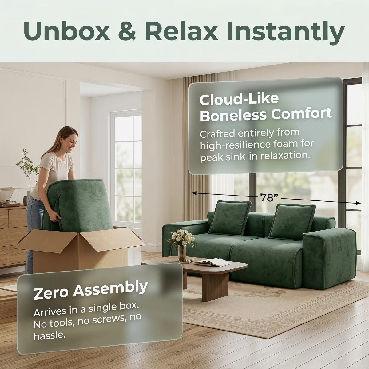 Modular Cloud Sofa 78" Plush Velvet Boneless Loveseat with No Assembly