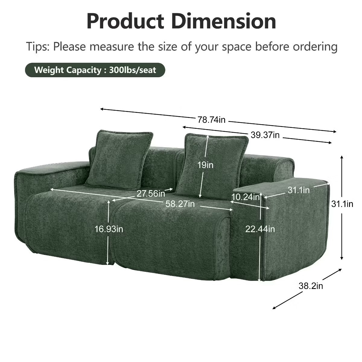 Modular Cloud Sofa 78" Plush Velvet Boneless Loveseat with No Assembly