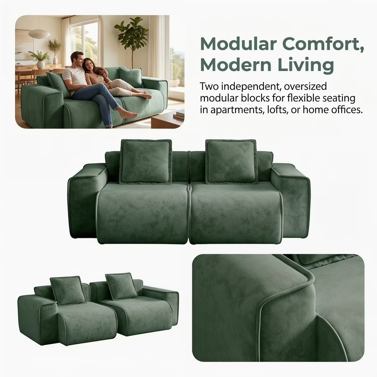 Modular Cloud Sofa 78" Plush Velvet Boneless Loveseat with No Assembly