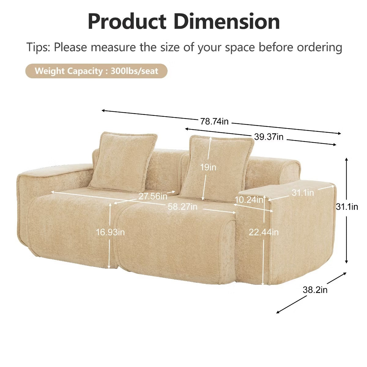Modular Cloud Sofa 78" Plush Velvet Boneless Loveseat with No Assembly