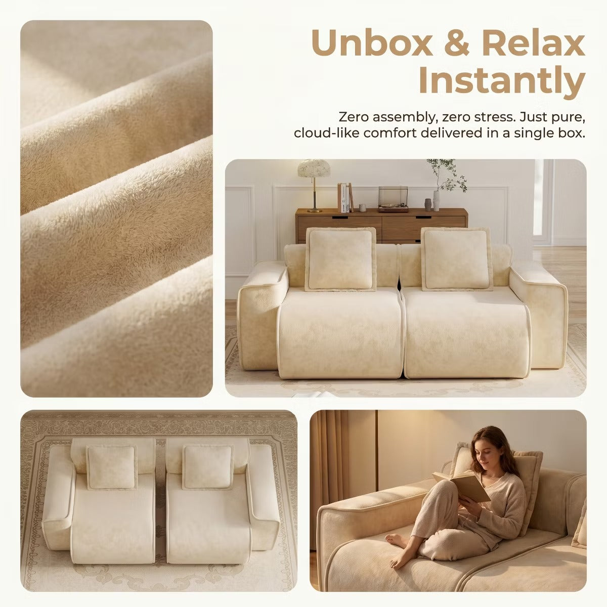 Modular Cloud Sofa 78" Plush Velvet Boneless Loveseat with No Assembly