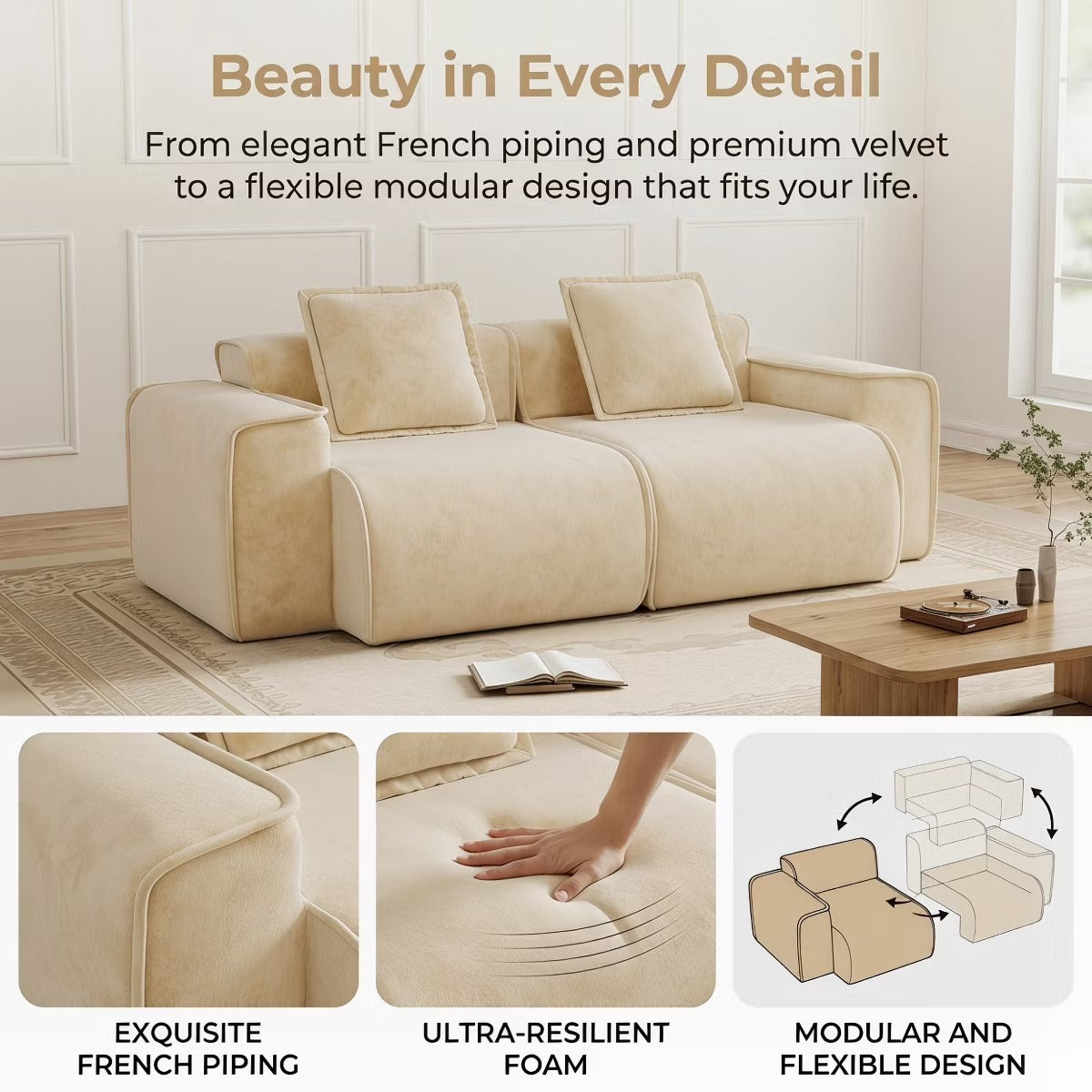 Modular Cloud Sofa 78" Plush Velvet Boneless Loveseat with No Assembly