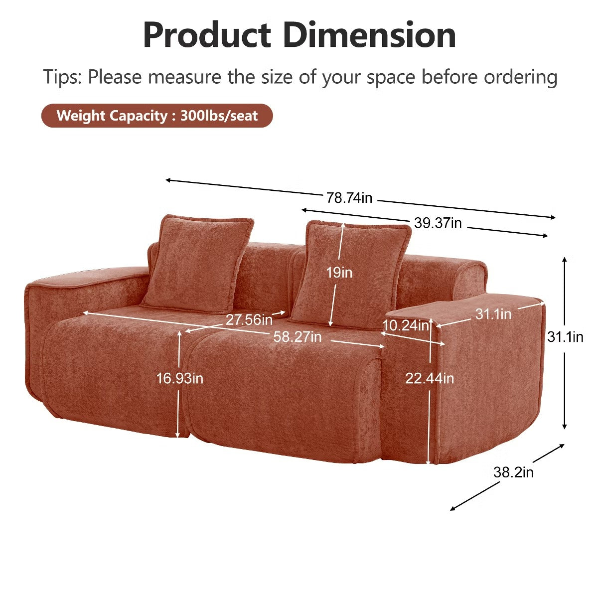 Modular Cloud Sofa 78" Plush Velvet Boneless Loveseat with No Assembly