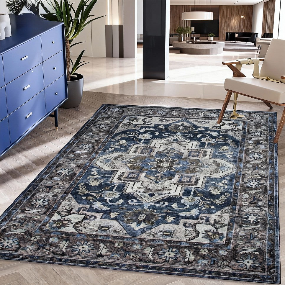 5x7 Vintage Bohemia Washable Non-Slip Area Rug, Blue/Brown