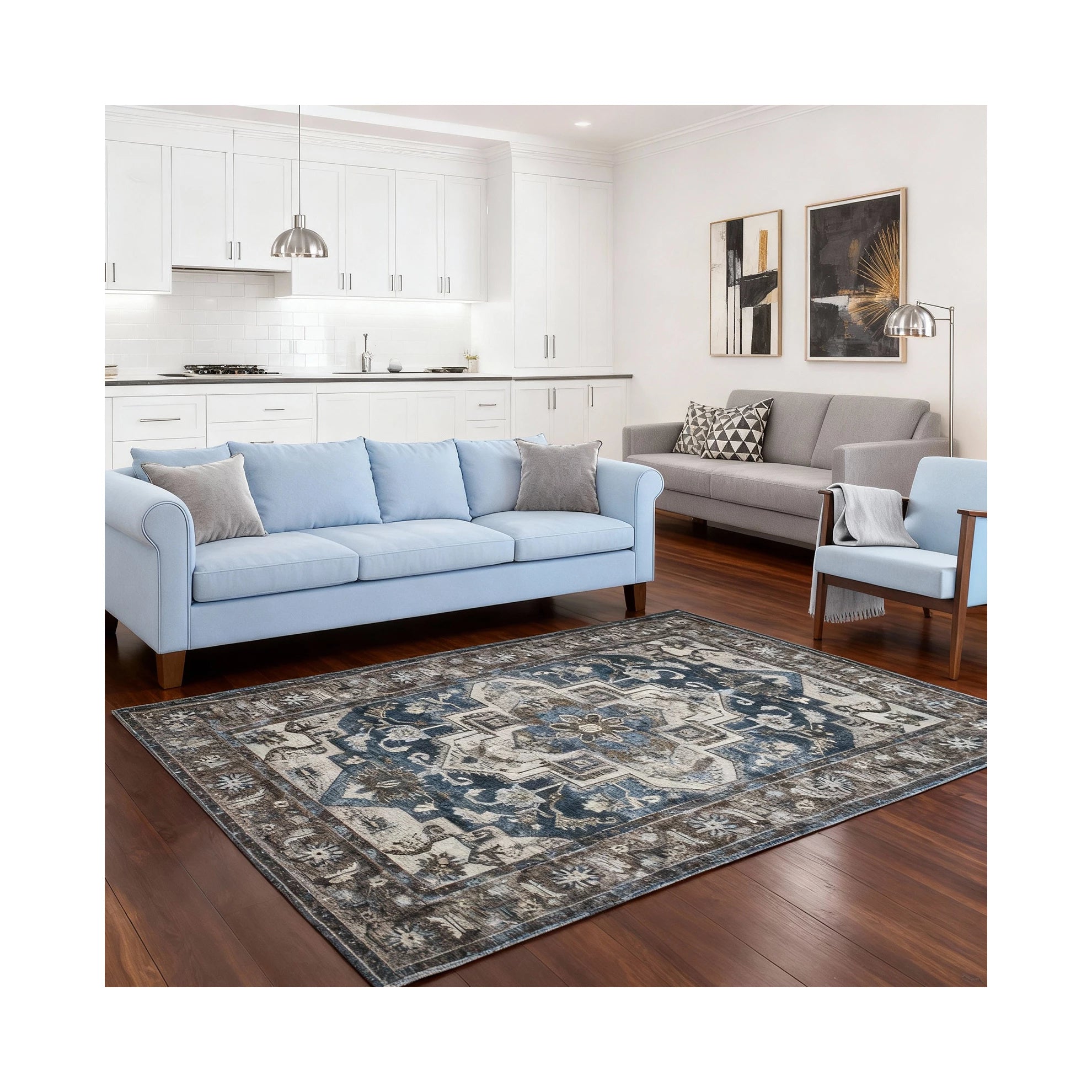 5x7 Vintage Bohemia Washable Non-Slip Area Rug, Blue/Brown