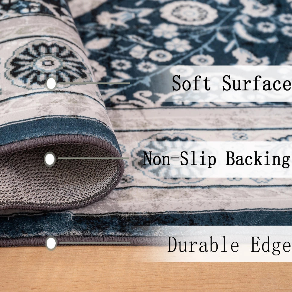 5x7 Vintage Bohemia Washable Non-Slip Area Rug, Blue/Brown