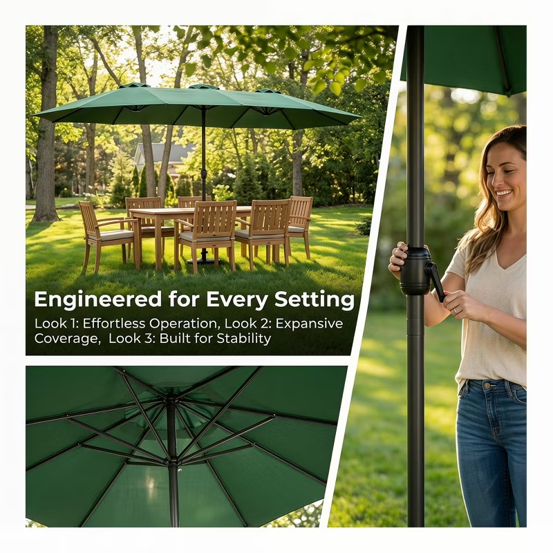 14.8ft Double-Sided Rectangular Outdoor Umbrella with Crank, Great Gift for Backyard, Patio, Poolside, Perfect Shade for Dining, BBQs (No Base)