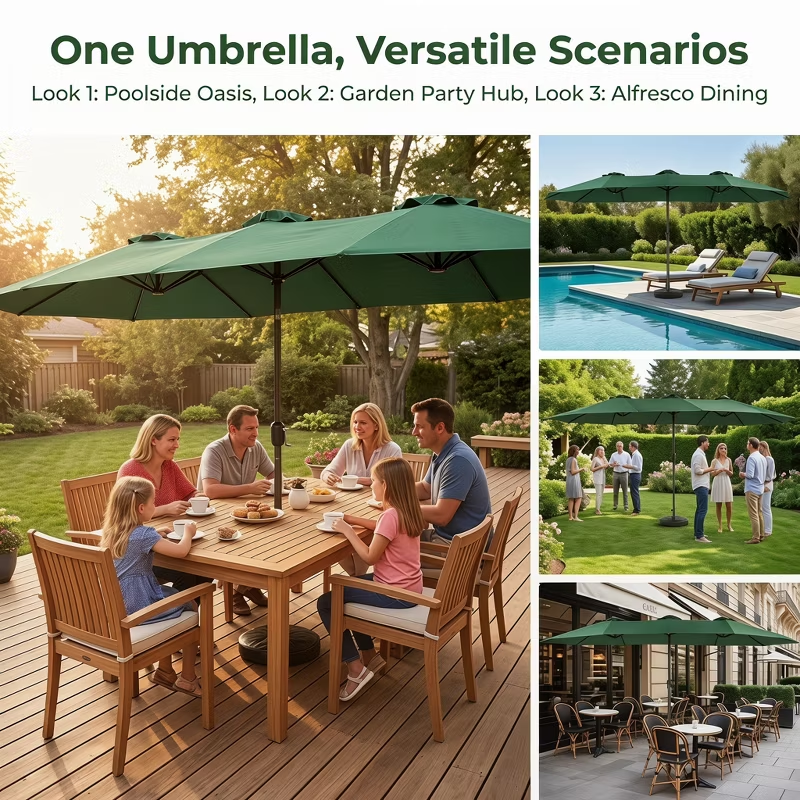 14.8ft Double-Sided Rectangular Outdoor Umbrella with Crank, Great Gift for Backyard, Patio, Poolside, Perfect Shade for Dining, BBQs (No Base)