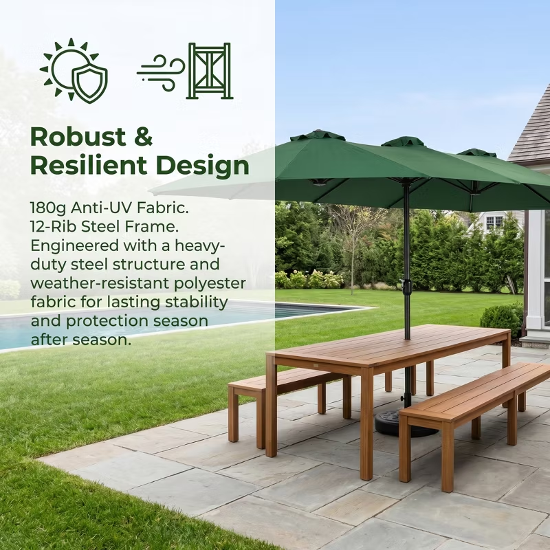 14.8ft Double-Sided Rectangular Outdoor Umbrella with Crank, Great Gift for Backyard, Patio, Poolside, Perfect Shade for Dining, BBQs (No Base)