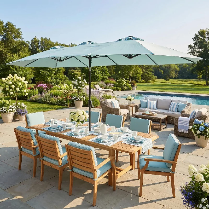 14.8ft Double-Sided Rectangular Outdoor Umbrella with Crank, Great Gift for Backyard, Patio, Poolside, Perfect Shade for Dining, BBQs (No Base)