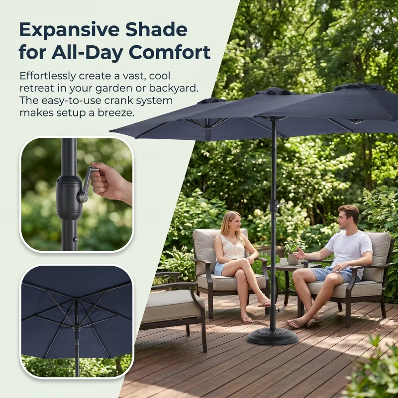 14.8ft Double-Sided Rectangular Outdoor Umbrella with Crank, Great Gift for Backyard, Patio, Poolside, Perfect Shade for Dining, BBQs (No Base)