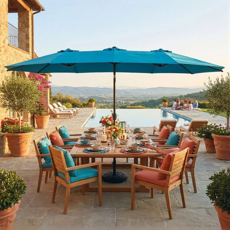 14.8ft Double-Sided Rectangular Outdoor Umbrella with Crank, Great Gift for Backyard, Patio, Poolside, Perfect Shade for Dining, BBQs (No Base)