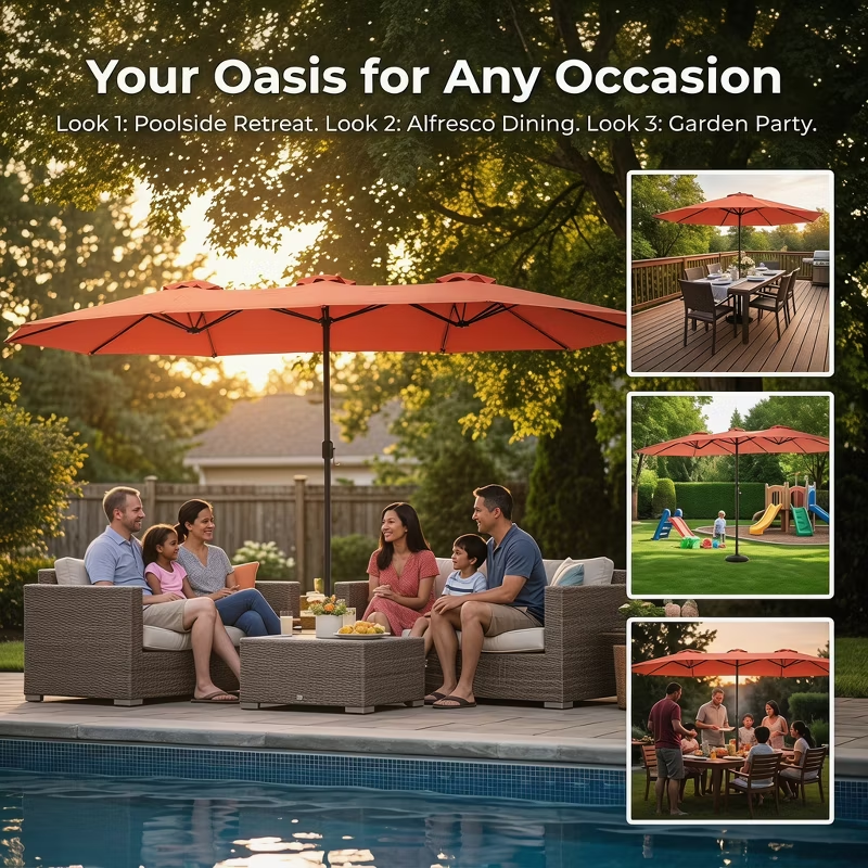 14.8ft Double-Sided Rectangular Outdoor Umbrella with Crank, Great Gift for Backyard, Patio, Poolside, Perfect Shade for Dining, BBQs (No Base)